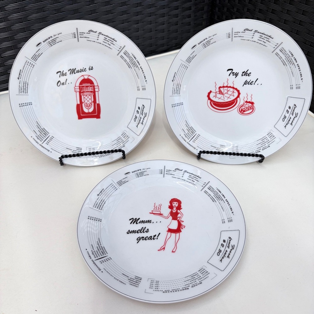 I Godinger & Co Retro Diner Menu Plates Set of 3 Jukebox Pie Waitress 8 inch